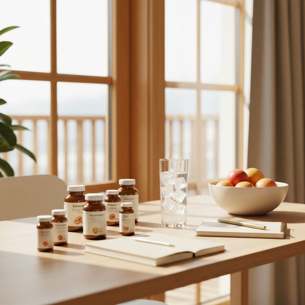 Morgentische mit Vitaminen, Notizbuch und Kaffee in hellem Licht