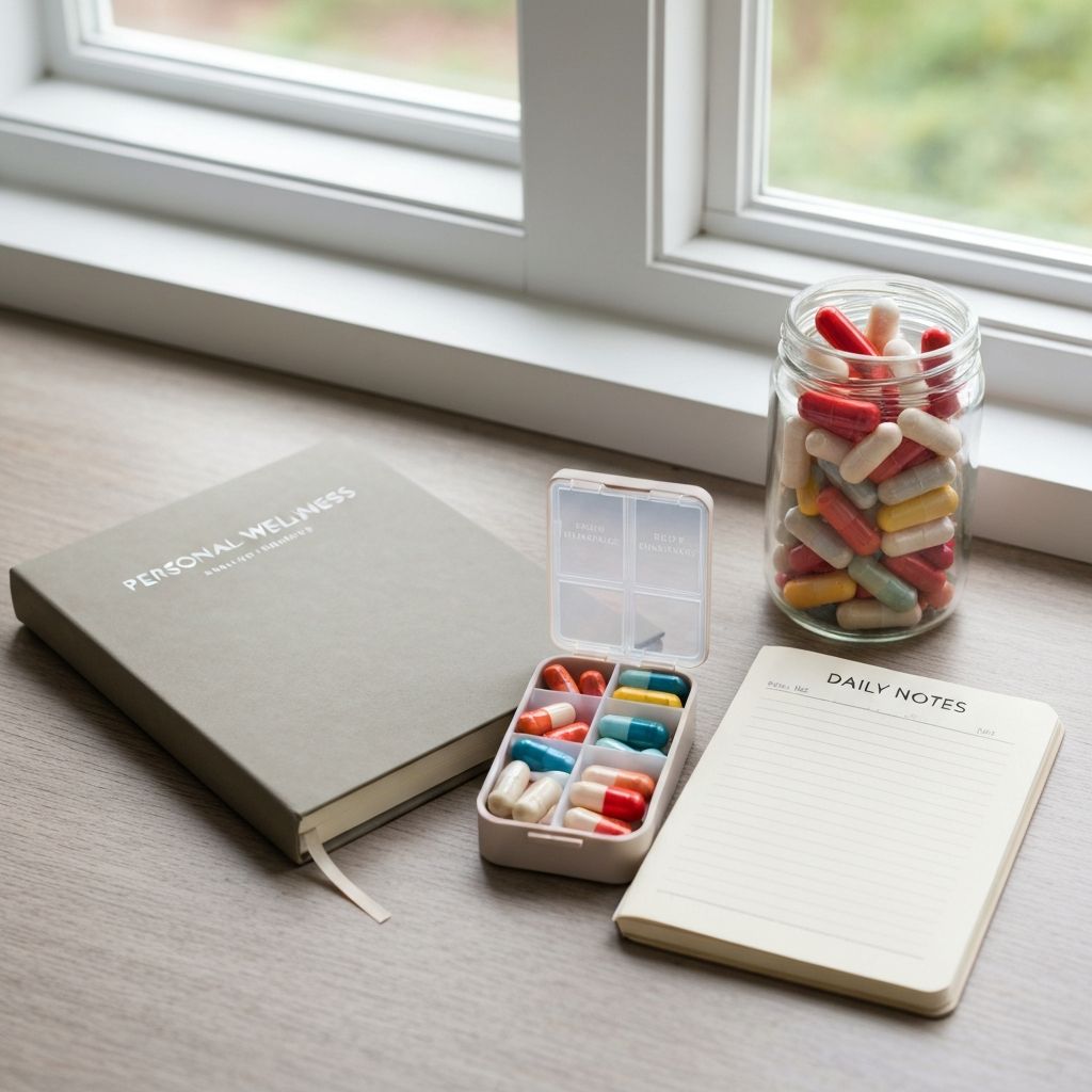 Persönliches Wellness-Tagebuch mit Stift, Pillenorganizer und Supplements bei Morgenlicht